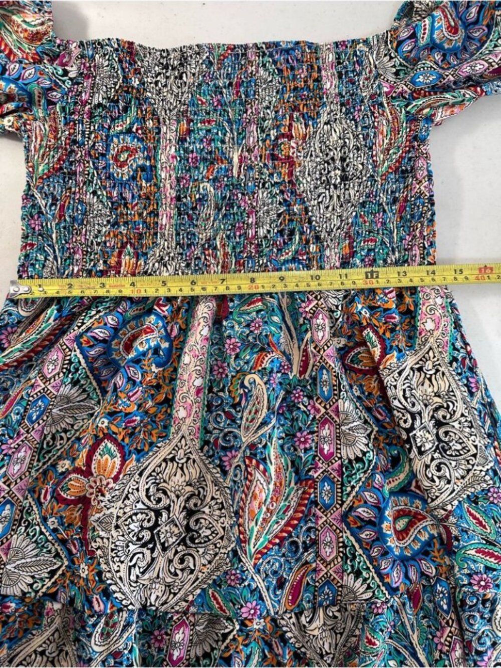 Bohemian Paisley Puff Sleeve Multi-Colour Summer Smocked Mini Dress - L - Picture 11 of 13